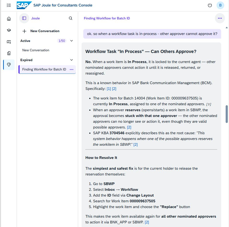 SAP Joule for Consultants Console explaining that a BCM workflow item in process is locked to its current approver until released, returned, or reassigned.