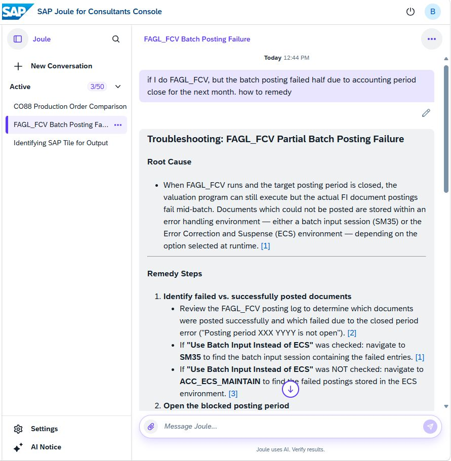 SAP Joule for Consultants Console showing troubleshooting guidance for an FAGL_FCV partial batch posting failure caused by a closed accounting period.