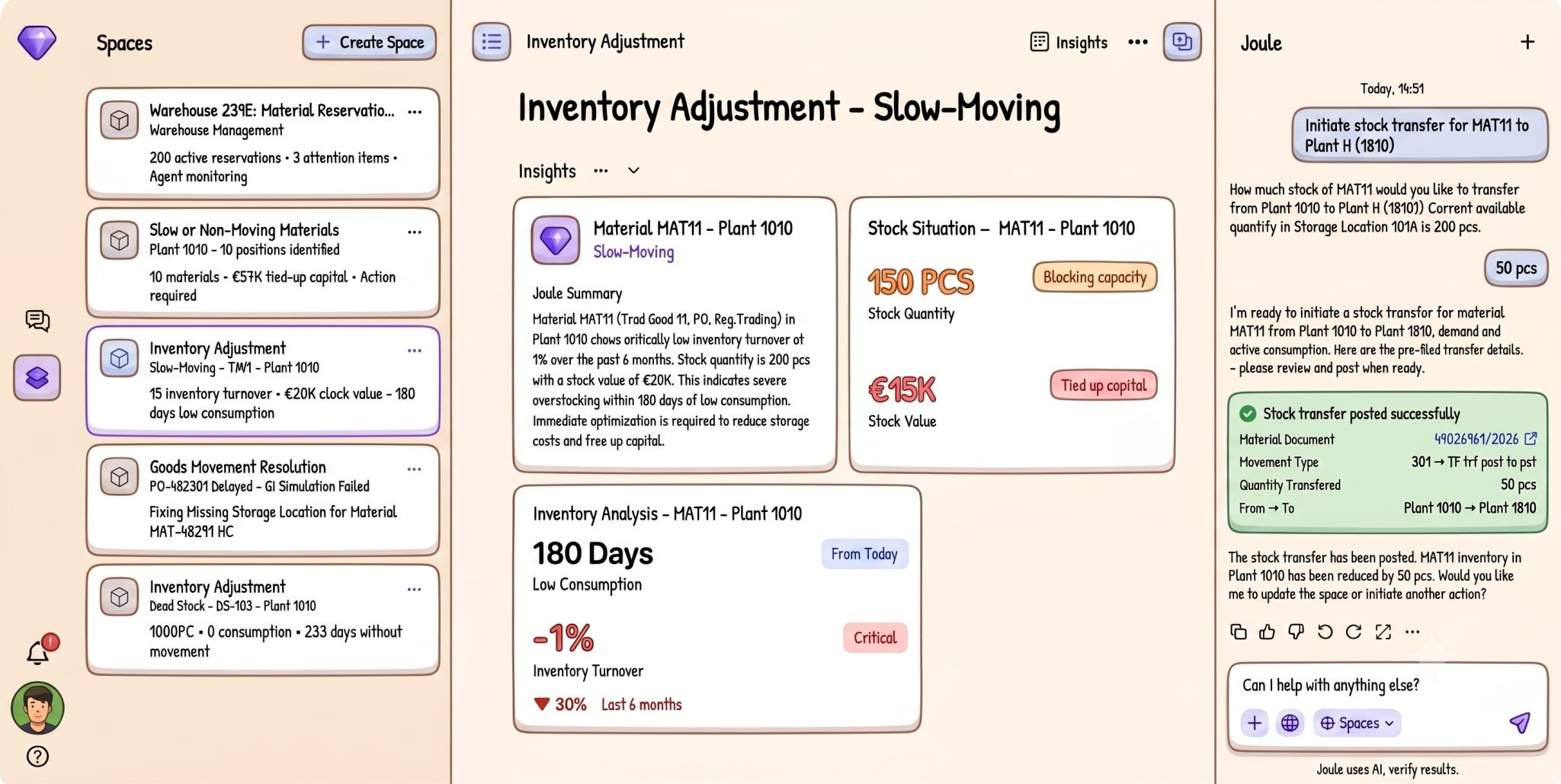 Inventory Adjustment workspace showing slow-moving material MAT11 and Joule completing a transfer from Plant 1010 to Plant H (1810).